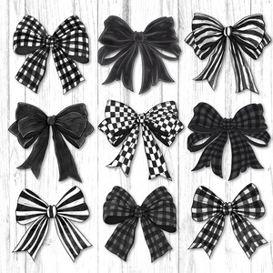 May include: Nine black and white gingham bows with different patterns. The bows are drawn in a hand-drawn style.