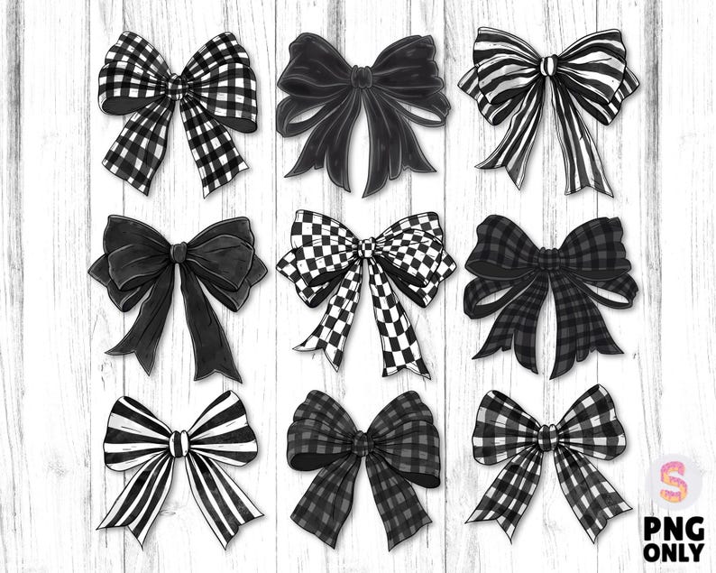 May include: Nine black and white gingham bows with different patterns. The bows are drawn in a hand-drawn style.