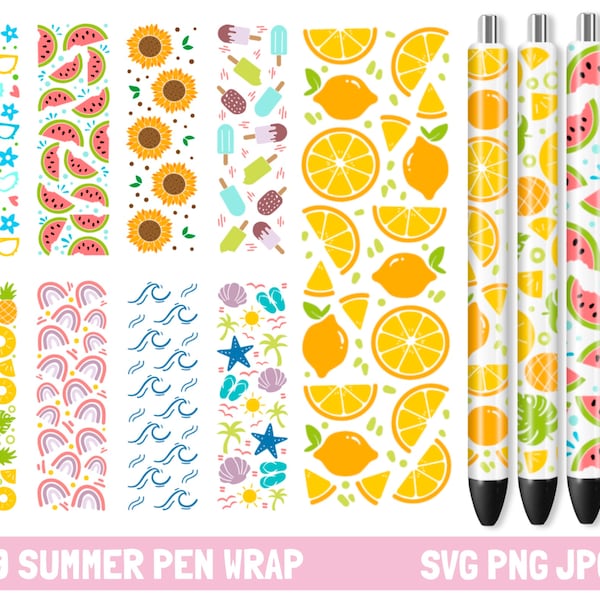 Summer Pen Wrap Bundle, Fruit, Beach, Ink Joy Compatible (SVG PNG JPG)