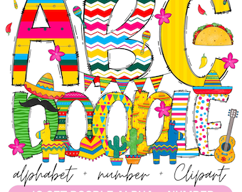 Zestaw Fiesta Doodle Alphabet, litery Fiesta PNG, cyfry i akcesoria, Cinco de Mayo Clipart, czcionka meksykańska, Fiesta Clipart, 10 zestawów doodle