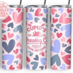 Valentine Glitter Heart 20oz Skinny Sublimation Tumbler Design PNG File, Valentine Tumbler, Cupid&#39;s Brewing Co Love Potion, Heart PNG