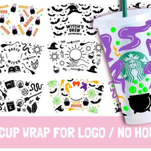 May include: Nine black and white printable designs for a Halloween-themed cup wrap. The designs feature witches, cauldrons, bats, moons, stars, and the words "Hocus Pocus".