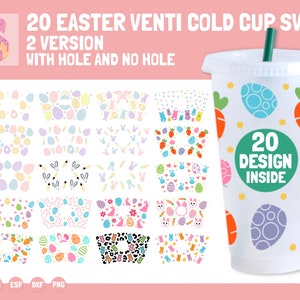 Pode incluir: 20 designs temáticos de Páscoa para copos frios. Os designs apresentam coelhos, ovos, cenouras e outros símbolos da Páscoa em várias cores e padrões. Os designs são mostrados em um fundo branco e estão prontos para serem usados para artesanato e decoração.