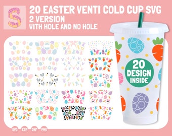 Pacote com 20 designs de capas para copos de Páscoa em formato SVG, incluindo modelos para copos tamanho Venti (Download Digital)
