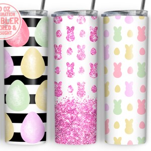 May include: Three 20 oz sublimation tumblers with Easter-themed designs. The first tumbler features a black and white striped background with pastel colored eggs. The second tumbler has a pink glitter background with pink bunny silhouettes. The third tumbler has a white background with pastel colored eggs and bunny silhouettes.
