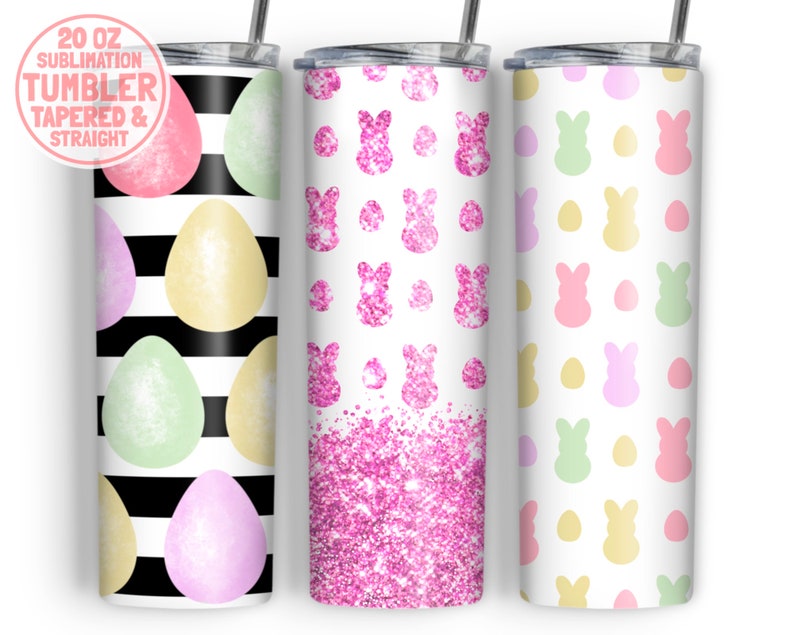 May include: Three 20 oz sublimation tumblers with Easter-themed designs. The first tumbler features a black and white striped background with pastel colored eggs. The second tumbler has a pink glitter background with pink bunny silhouettes. The third tumbler has a white background with pastel colored eggs and bunny silhouettes.