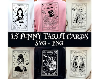 May include: Set of 15 funny tarot cards featuring skeletons in various humorous situations. The cards are designed in a black and white style with a vintage aesthetic. The cards include titles such as "The Cat Lover", "The Coffee", "The Food Lover", "The Mom", "The Reader", and "The Lovers".