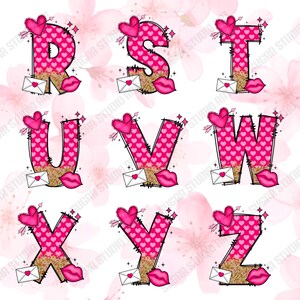 K&ouml;nnte beinhalten: Ein Satz von pinken und goldenen Glitzer-Buchstaben mit Herzen, Pfeilen und Lippen. Die Buchstaben sind R, S, T, U, V, W, X, Y und Z.