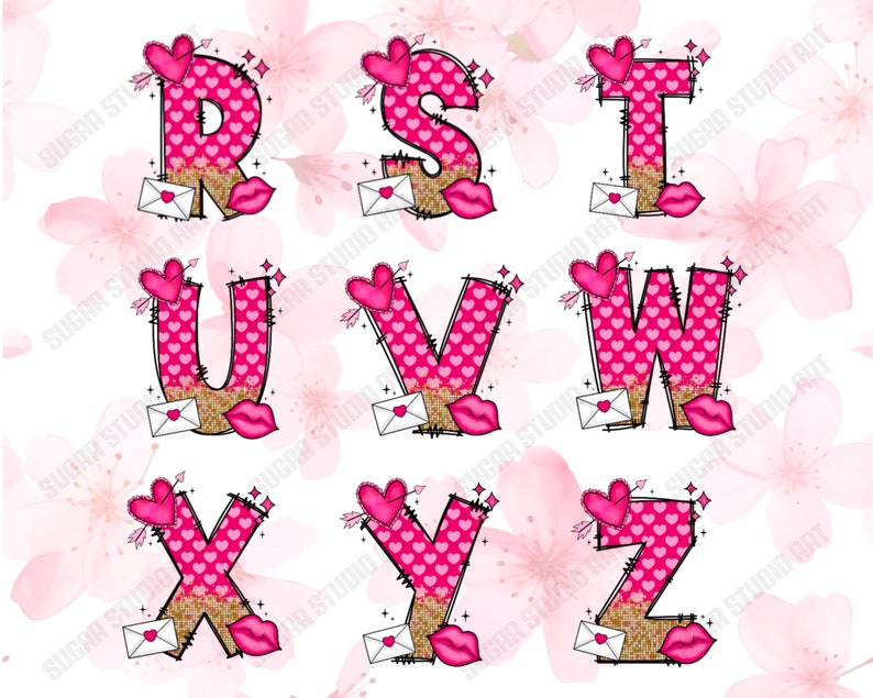 K&ouml;nnte beinhalten: Ein Satz von pinken und goldenen Glitzer-Buchstaben mit Herzen, Pfeilen und Lippen. Die Buchstaben sind R, S, T, U, V, W, X, Y und Z.