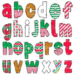 Peut inclure: Un ensemble de lettres de l'alphabet dans une vari&eacute;t&eacute; de motifs sur le th&egrave;me de No&euml;l, y compris le tartan, les rayures, les flocons de neige et les arbres. Les lettres sont soulign&eacute;es en noir et ont un aspect l&eacute;g&egrave;rement vieilli.