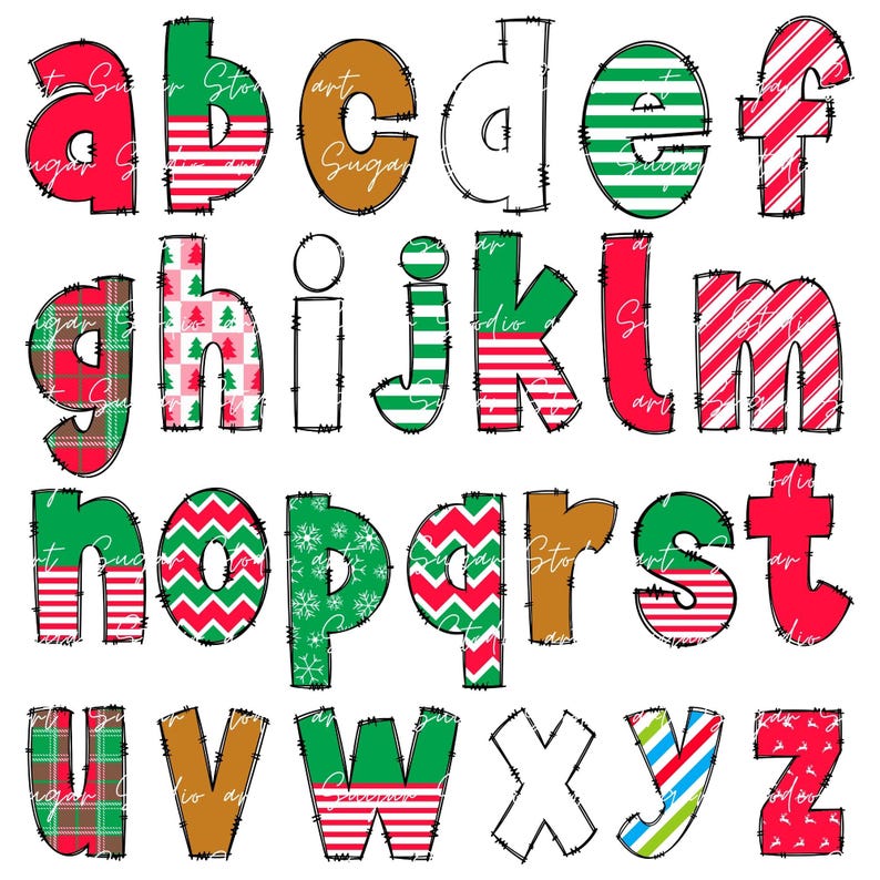 Peut inclure: Un ensemble de lettres de l'alphabet dans une vari&eacute;t&eacute; de motifs sur le th&egrave;me de No&euml;l, y compris le tartan, les rayures, les flocons de neige et les arbres. Les lettres sont soulign&eacute;es en noir et ont un aspect l&eacute;g&egrave;rement vieilli.