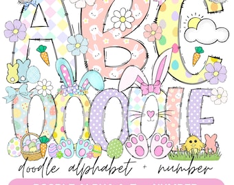 Easter Day Alphabet Letters PNG Bundle, Easter Clipart png, Bunny Doodle letters , Hand Drawn Doodle, Sublimation Alpha Set Designs PNG