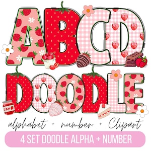 Paquete de alfabeto de doodle de fresa, letras PNG de frutas de verano, números y accesorios, imágenes prediseñadas de fresa, doodle de fuente de fresa png