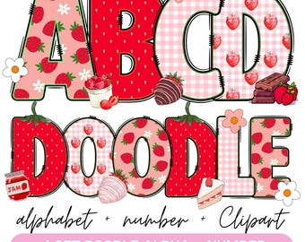 Strawberry Doodle Alphabet Bundle, Summer Fruits PNG Letters, Numbers & Accessories, Strawberry  Clipart, Strawberry Font doodle png