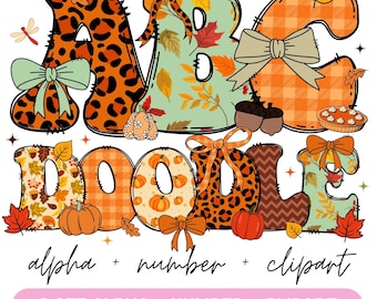 May include: Colorful fall-themed digital clipart featuring the letters ABC and DOOLE, decorated with pumpkins, leaves, and bows. The text "alpha + number + clipart" and "6 SET ALPHA + NUMBER + CLIPART" is also included.