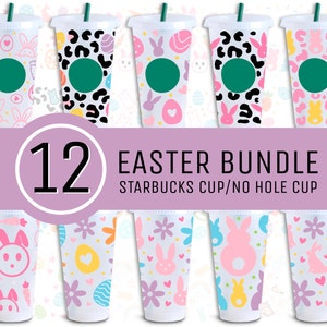 May include: Twelve Easter-themed Starbucks cup designs. The cups feature various patterns including bunnies, eggs, flowers, and polka dots in pink, blue, yellow, and green.