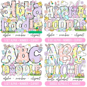 Pacote 4 letras do alfabeto do dia de Páscoa pacote PNG, clipart de Páscoa png, letras de Doodle de coelho, Doodle desenhado à mão, conjuntos alfa de sublimação
