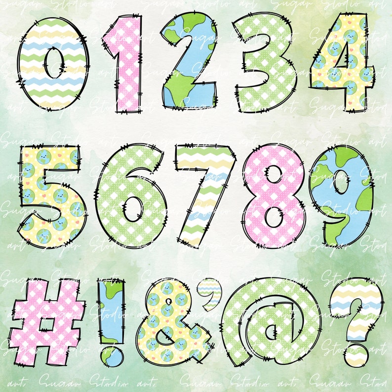 May include: Colorful numbers and symbols with a patchwork design featuring a globe pattern. The numbers are 0 through 9 and the symbols are #, !, &, @, and ?.