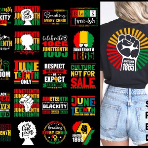 Op de afbeelding: Een verzameling digitale ontwerpen met Juneteenth-slogans en afbeeldingen. De ontwerpen bevatten zinnen als "Juneteenth 1865", "Blackity", "Breaking Every Chain", "Respect My Existence", "Culture Not For Sale" en "Freedom Juneteenth".