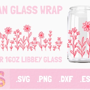 Puede incluir: Un envoltorio de lata de vidrio transparente con un dise&ntilde;o floral rojo. El texto "CAN GLASS WRAP" y "FOR 16OZ LIBBEY GLASS" son de color rosa. La parte inferior de la imagen muestra la letra "S" en forma de donut y los tipos de archivo .SVG .PNG .DXF .ESP.