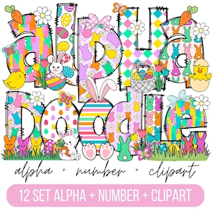 Pacote de letras do alfabeto do dia da Páscoa PNG, Clipart de Páscoa png, Letras de Doodle de coelho, Doodle desenhado à mão, Designs de conjunto alfa de sublimação PNG