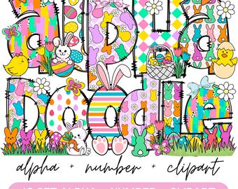 Easter Day Alphabet Letters PNG Bundle, Easter Clipart png, Bunny Doodle letters , Hand Drawn Doodle, Sublimation Alpha Set Designs PNG