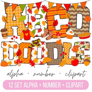Paquete de alfabeto Doodle de otoño, letras PNG de otoño, números y accesorios, imágenes prediseñadas de otoño, fuente de otoño, doodle de Acción de Gracias png, calabaza