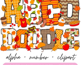 Può includere: Grafica digitale a tema autunnale con la parola "Doodle" in grandi lettere decorate. Le lettere sono riempite con motivi e immagini autunnali come foglie, zucche e una tazza di caffè. Il testo "alpha + number + clipart" è in basso.