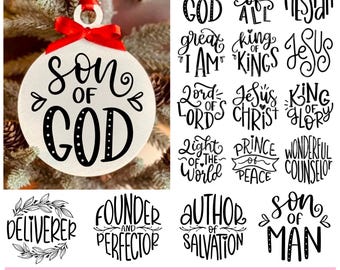 May include: A white Christmas ornament with the words "Son of God" in black script, accented with small hearts. It hangs from a red ribbon. The image also shows other Christmas-themed SVG designs.