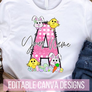 Puede incluir: Letra A rosa con un patrón de cuadros y lunares. La letra está rodeada de conejos de Pascua, pollitos y huevos. El texto "Your Name" está escrito en cursiva negra.