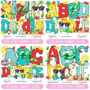Pacote 4 letras do alfabeto de verão pacote PNG, clipart de verão png, letras de doodle de praia, fonte de verão, doodle desenhado à mão, conjunto alfa de sublimação