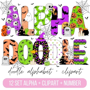 以下が含まれることがあります： ハロウィーンをテーマにした装飾フォントで「ALPHA DOODLE」と書かれたデジタルグラフィック。各文字には、オレンジ、緑、紫の色合いで、ドクロ、幽霊、カボチャ、コウモリ、クモ、クモの巣、墓石、大釜などの模様が描かれています。