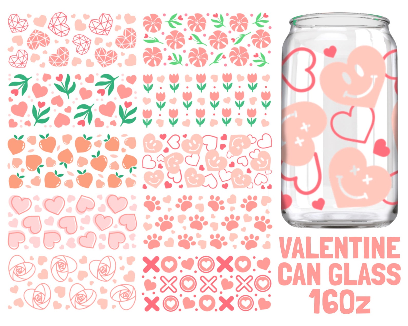20 Valentines Libbey Glass SVG, XOXO Can Glass Svg, Hearts Glass Cup ...