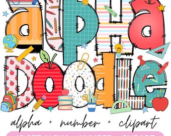 Preppy Back to School Teacher Doodle Alphabet Bundle, Teacher PNG Letters, Numbers & Accessories, Back to school Clipart, School Font