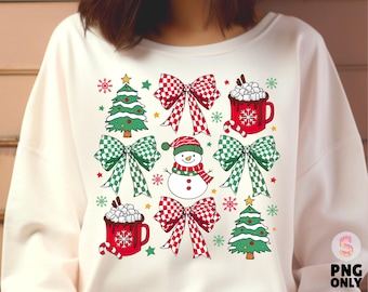 Coquette Christmas png, Christmas sublimation, Retro Holidays png, Hot Cocoa, Candy Cane, Santa Coquette Bow Checkered, Girly Christmas Png