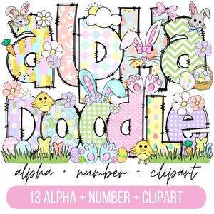 Paquete de letras del alfabeto del día de Pascua PNG, clipart de Pascua PNG, letras de garabatos de conejito, garabatos dibujados a mano, diseños de conjuntos de sublimación alfa PNG