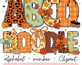 May include: A colorful fall-themed digital graphic featuring the letters A, B, C, and D, along with the word DOODLE. The letters have various patterns, including leopard print, plaid, and floral designs, with pumpkins, leaves, and bows.