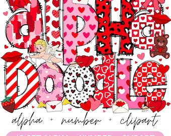 Valentine Doodle Letters V2, Valentines Alphabet PNG,  Valentines Day Clipart, Make your own Name, Clip Art Alphabet Doodle letters Set PNG
