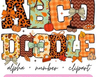 May include: A colorful fall-themed digital design featuring the letters A, B, C, D, and E, along with the word "Doodle." The letters are decorated with patterns like leopard print, plaid, and autumn leaves. The design includes pumpkins, bows, and the text "alpha + number + clipart."