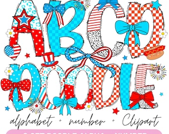 4. Juli Alphabet Set PNG, patriotisch, Doodle Letters mit der amerikanischen Flagge, Vorlage Alphabet, Doodle Letters, Retro American Flagge USA Coquette