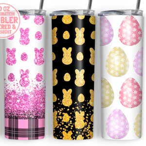 May include: Three 20 oz sublimation tumblers with Easter-themed designs. The first tumbler features pink glitter bunny rabbits and eggs on a white background with a pink and black plaid pattern at the bottom. The second tumbler has gold glitter bunny rabbits and eggs on a black background. The third tumbler has pastel pink, yellow, and purple eggs with white flower patterns on a white background.