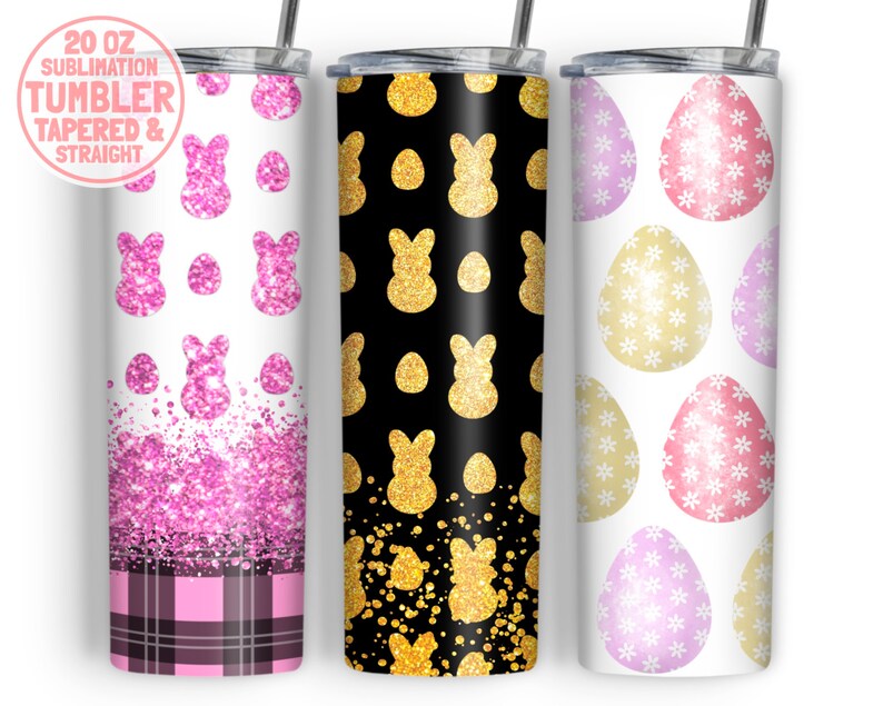 May include: Three 20 oz sublimation tumblers with Easter-themed designs. The first tumbler features pink glitter bunny rabbits and eggs on a white background with a pink and black plaid pattern at the bottom. The second tumbler has gold glitter bunny rabbits and eggs on a black background. The third tumbler has pastel pink, yellow, and purple eggs with white flower patterns on a white background.