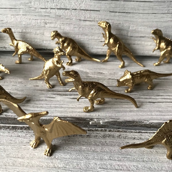 Gold Metallic Dino 12 Pc, Mix of Gold Dinosaur Cake Toppers, Dinosaur Birthday, Dino Baby Shower, Golden Dinosaur, Jurassic Period Birthday