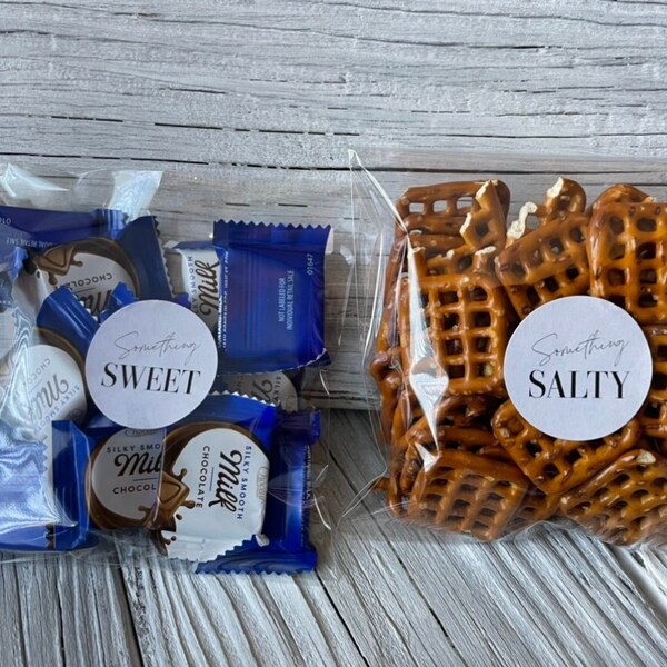 Something Sweet Salty Stickers, Wedding Favor Labels &  5x7" Bags, Guest Thank You, Reception Hotel Welcome Bag, Sweet Thanks