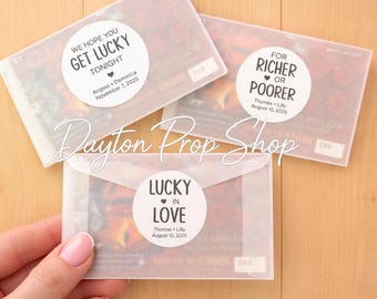 90 Personalized Wedding Lottery Ticket Favors - Lotto Stickers & Translucent Envelopes