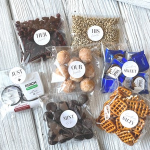 210 Pc. Ultimate Wedding Sticker Favors for Guests in Bulk Pack, Premium Bags, Welcome Labels, His Her Favorite, Hotel Welcome Bag Reception