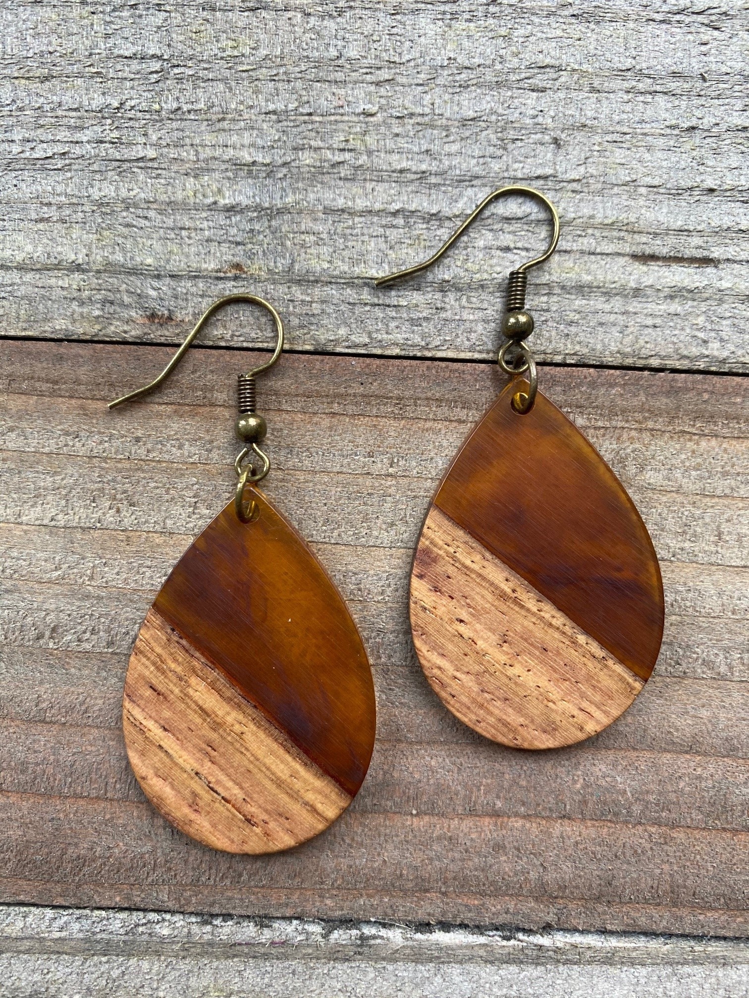Calico Amber & Wood Teardrops- Bohemian Earrings