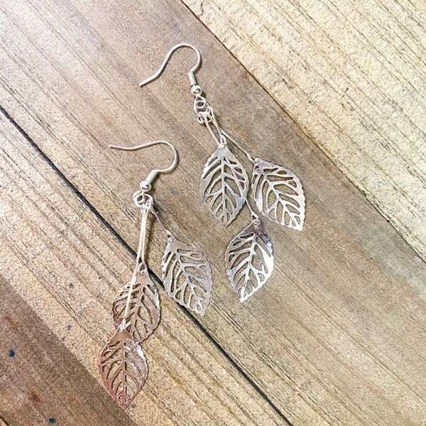 Silver Leaf Waterfall Earrings Minimalistic Earrings Silver Dangle Earrings Bohemian Leaf Earrings Simple Silver Leaf Earrings