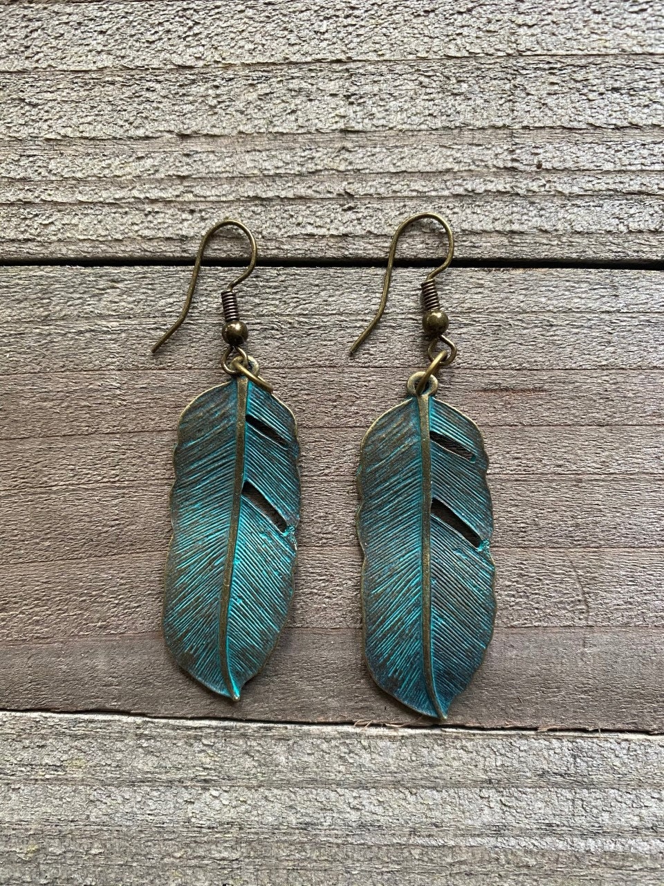 Antique Bronze & Green Patina Feather Bohemian Earrings