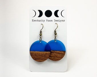 Bohemian Earrings + Navy Blue Round Earrings + Boho Earrings + Wood Resin Dangle Earrings + Lightweight Earrings + Hypoallergenic Earrings